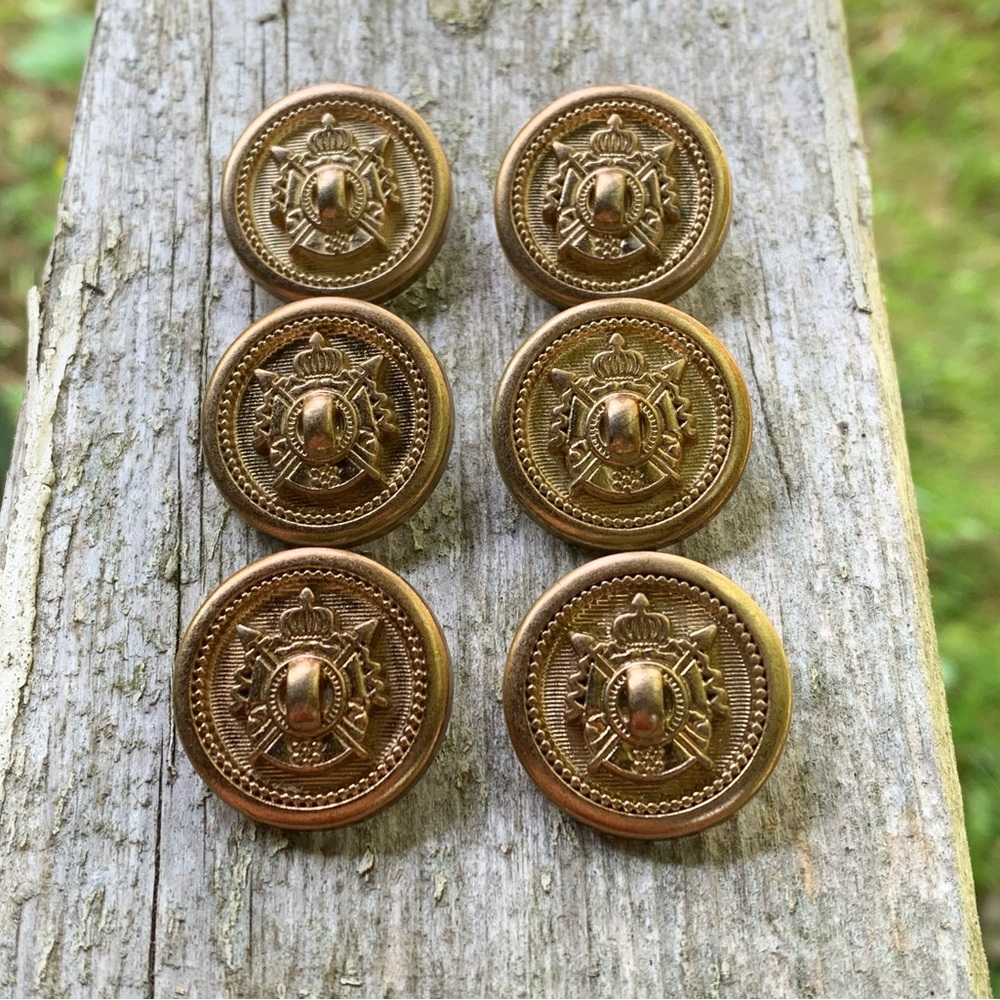Vintage Style Metal Coat Buttons Set of 6. Military, Navy Influenced Gold Tone